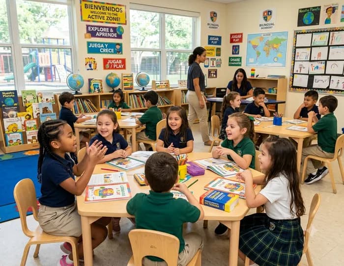 Niños aprendiendo inglés mediante experiencias participativas en PKES School