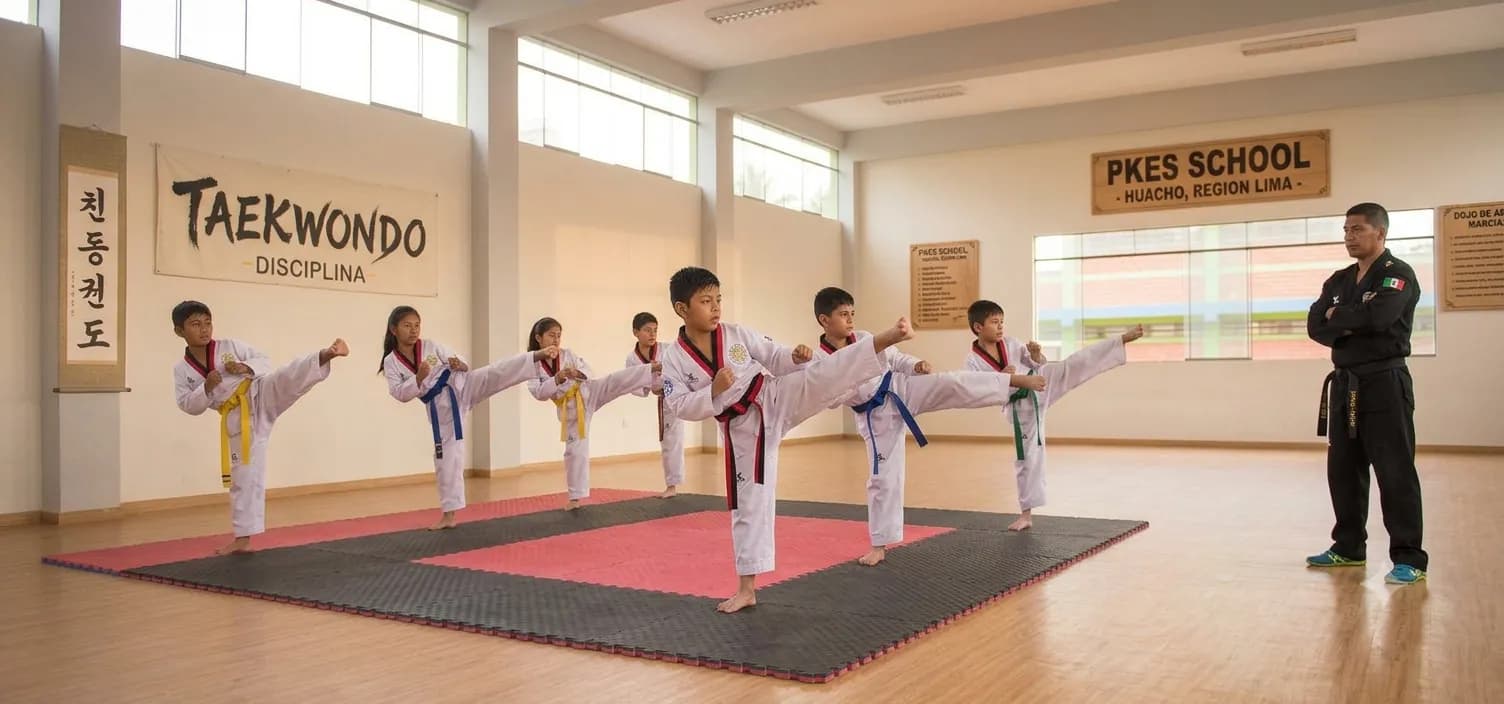 Niños practicando taekwondo en PKES School